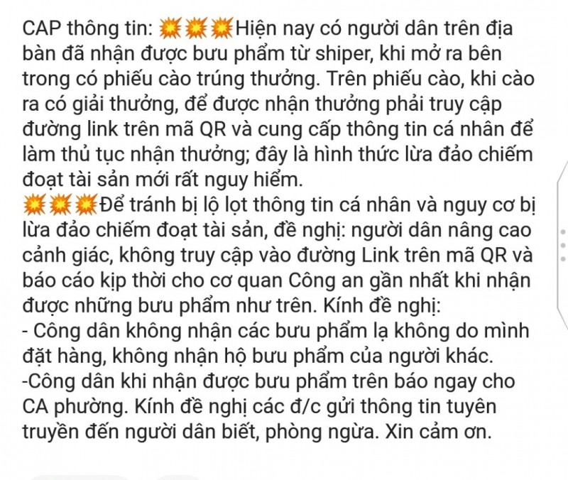 Cảnh giác lừa đảo mới: Bưu phẩm có phiếu cào trúng thưởng yêu cầu quét mã QR