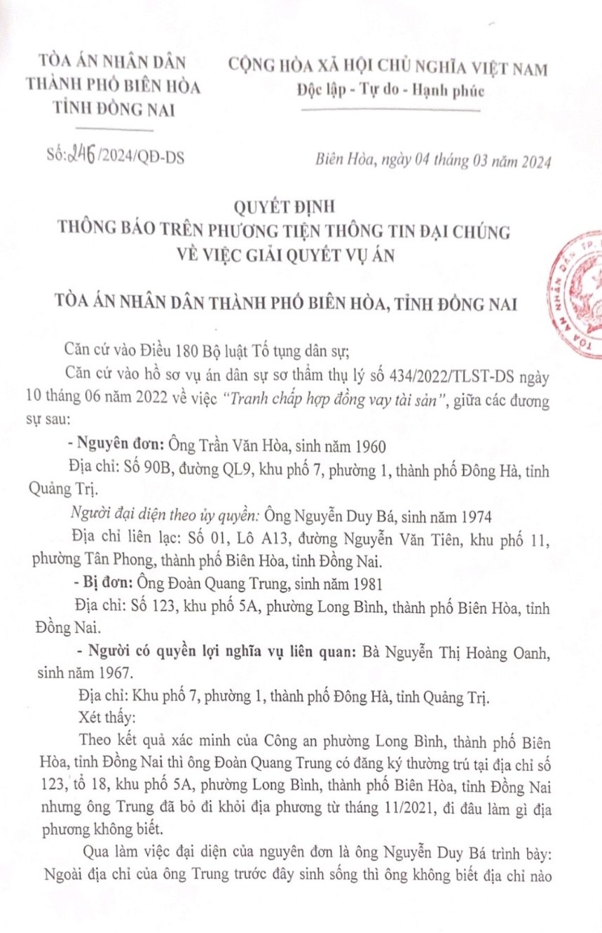 Quyết định của Toà án nhân dân thành phố Biên Hoà