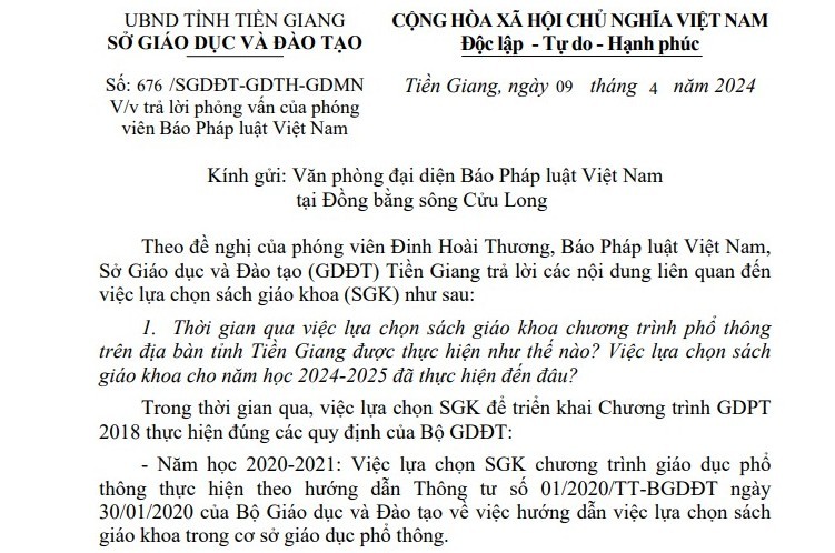 Nhiều khối lớp, môn học ở Tiền Giang chỉ sử dụng một bộ SGK