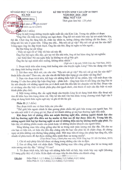 Đề minh hoạ môn Ngữ văn của Sở Giáo dục và Đào tạo Hà Nội Kỳ thi tuyển sinh vào lớp 10 trung học phổ thông năm học 2024-2025.
