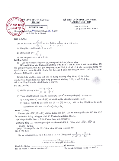 Đề thi minh hoạ môn Toán của Sở Giáo dục và Đào tạo Hà Nội Kỳ thi tuyển sinh vào lớp 10 trung học phổ thông năm học 2024-2025.