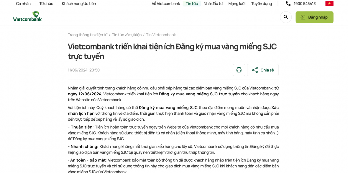 Người dân đăng ký mua vàng miếng SJC online tại đâu?