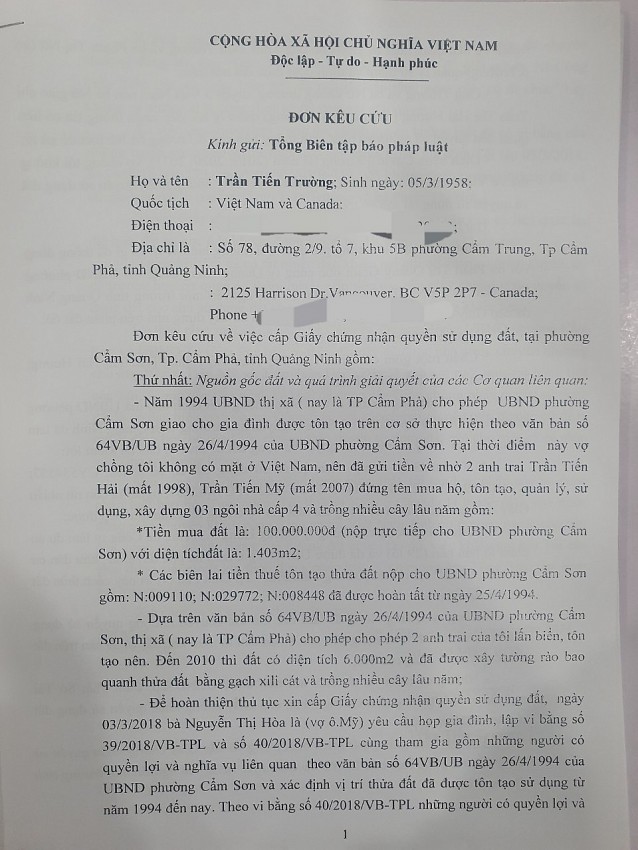Đơn kêu cứu của ông Nguyễn Tiến Trường gửi Báo Pháp luật Việt Nam.
