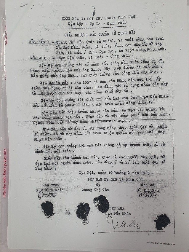 Giấy tờ mua bán chuyển nhượng quyền sử dụng đất giữa bà Quàng Thị Cõn là ông Phạm Đắc Nhân bố của anh Phạm Thanh Nhung.