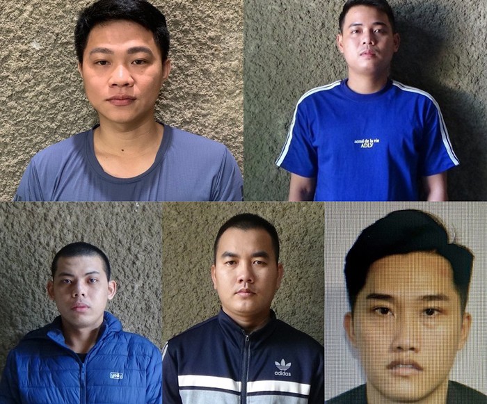 Các bị can Lê Thanh Phúc, Nguyễn Hoài Sơn, Đường Trung Trực, Hồng Minh Đạt, Tưởng Thanh Tri (từ trên xuống dưới, từ trái qua phải).