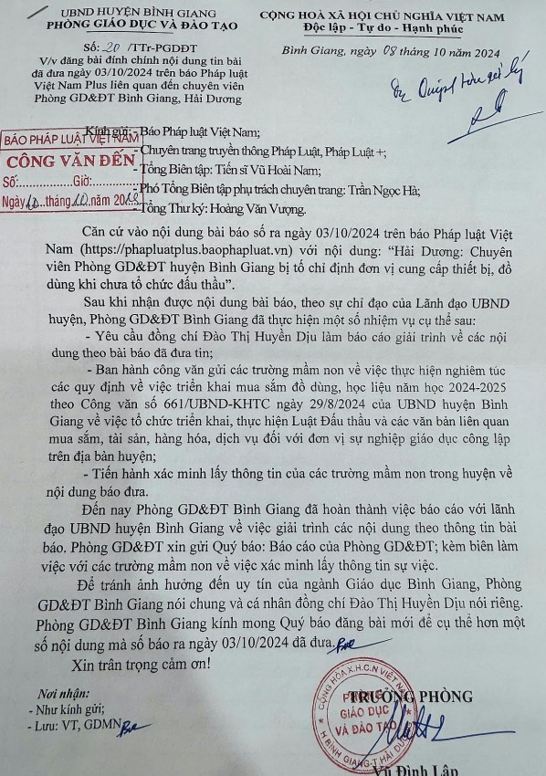 Công văn phản hồi của Phòng GD&ĐT huyện Bình Giang gửi Báo Pháp luật Việt Nam thừa nhận nội dung báo phản ánh là đúng.