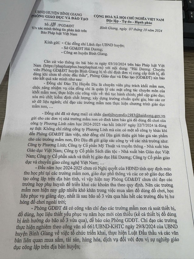 Báo cáo của Phòng GD&ĐT huyện Bình Giang gửi UBND huyện Bình Giang, Sở GD&ĐT tỉnh Hải Dương.