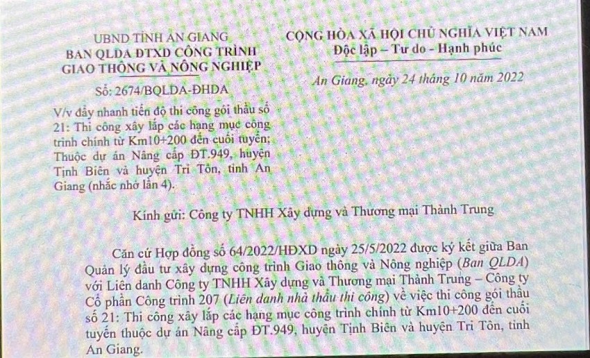 Văn bản văn bản số 2674/BQLDA-ĐHDA nhắc nhở lần 4 đối với với Công ty TNHH Xây dựng và Thương mại Thành Trung của Ban Quản lý Đầu tư xây dựng công trình giao thông và nông nghiệp tỉnh An Giang.