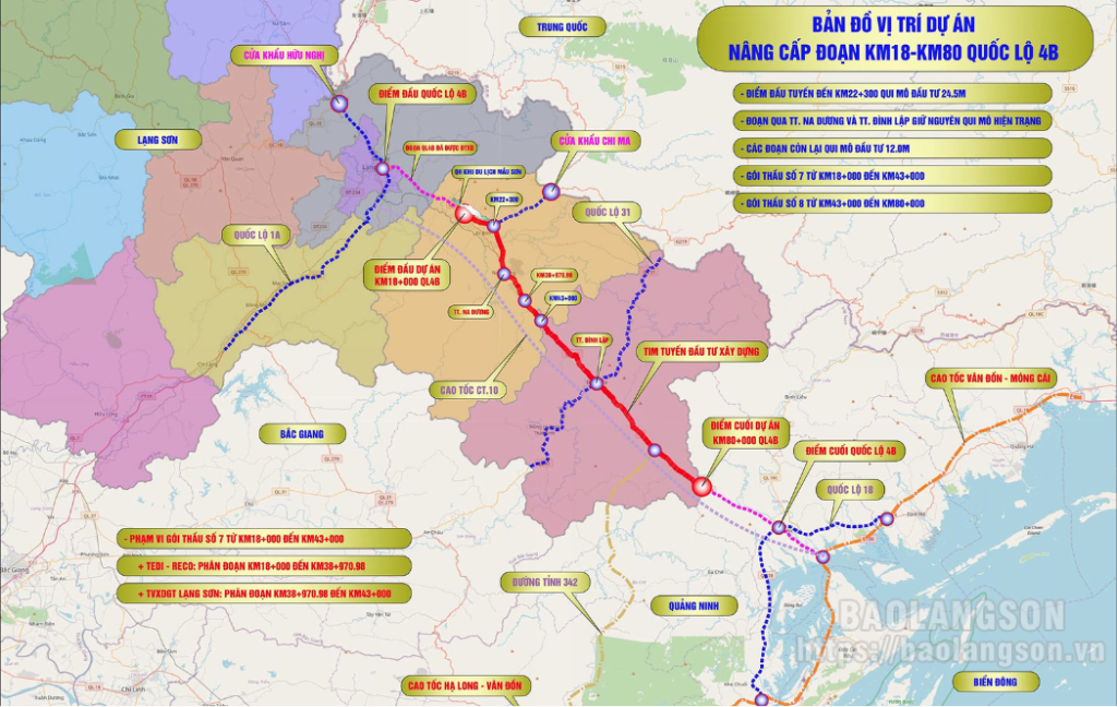 Bản đồ hướng tuyến dự án nâng cấp đoạn km 18 đến km 80 quốc lộ 4B.