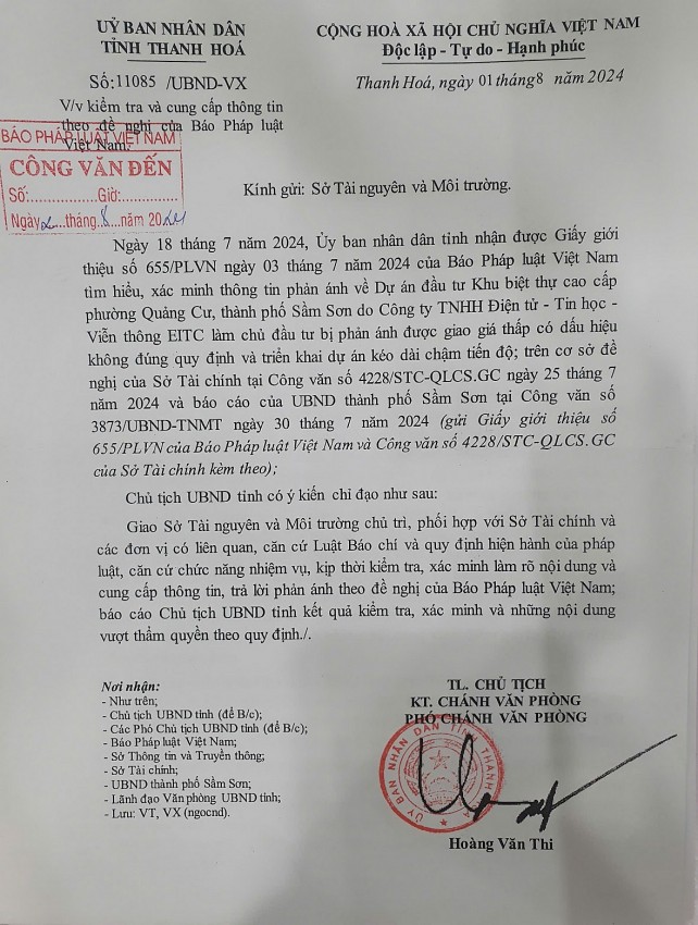 Văn bản chỉ đạo của UBND tỉnh Thanh Hoá về việc kiểm tra, cung cấp thông tin cho Báo Pháp luật Việt Nam.