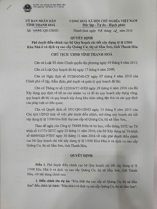 Quyết định phê duyệt điều chỉnh cục bộ quy hoạch chi tiết xây dựng tỉ lệ 1/500 Khu nhà ở và dịch vụ cao cấp Quảng cư được ký từ năm 2016.