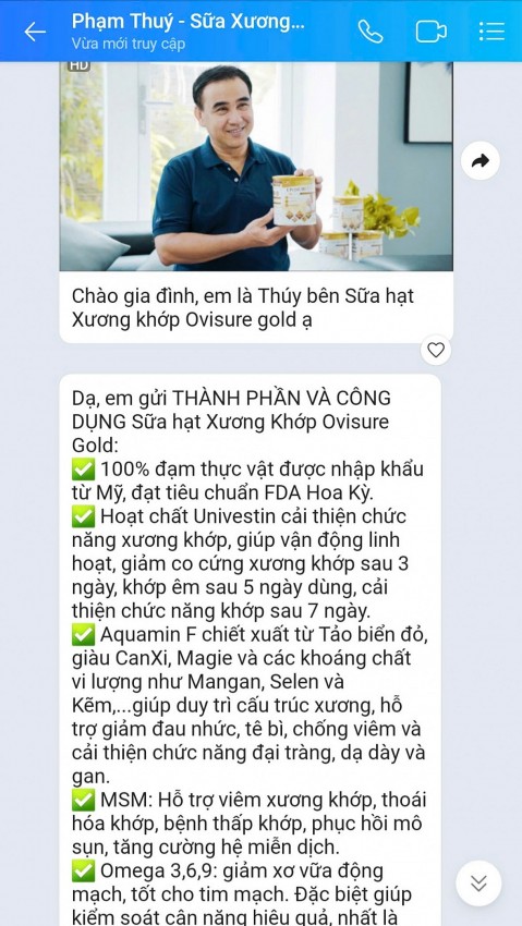 Tin nhắn trên Zalo của 1 người phụ nữ tên Thuý đang cầm số hotline của Công ty cổ phần dược mỹ phẩm Galien gửi hình ảnh của nghệ sỹ Quyền Linh và giới thiệu các công dụng của sữa như là thuốc chữa bệnh xương khớp cho phóng viên.