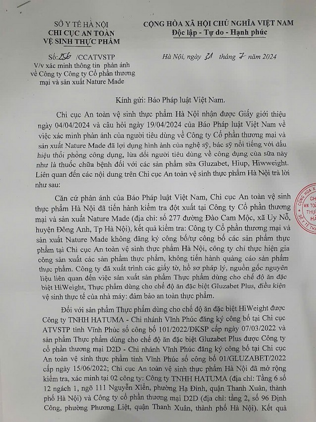 Văn bản của Chi cục an toàn vệ sinh thực phẩm gửi Báo Pháp luật Việt Nam để thông tin vết hoạt động sản xuất kinh doanh của Công ty cổ phần thương mại sản xuất Nature Made.