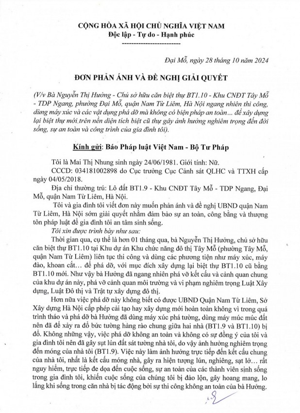 Đơn kiến nghị của bà Nhung gửi Báo Pháp luật Việt Nam.