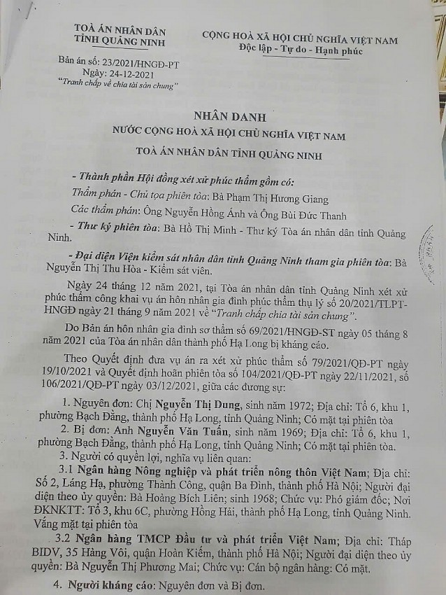 Bản án phúc thẩm của TAND tỉnh Quảng Ninh.