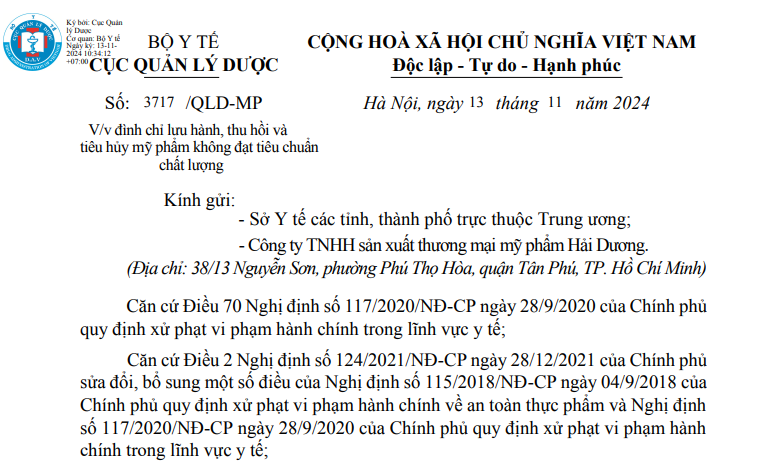 Thu hồi mỹ phẩm không đạt chất lượng do Công ty mỹ phẩm Hải Dương sản xuất