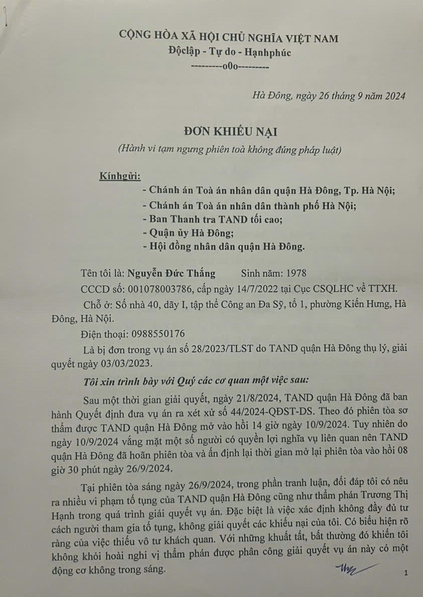 Nội dung đơn khiếu nại về hành vi tạm ngưng phiên toà của ông Thắng gửi các cơ quan chức năng.