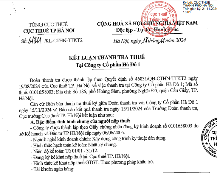 Vướng sai phạm về thuế, Công ty Cổ phần Hà Đô 1 bị phạt và truy thu thuế hơn 1,8 tỷ đồng