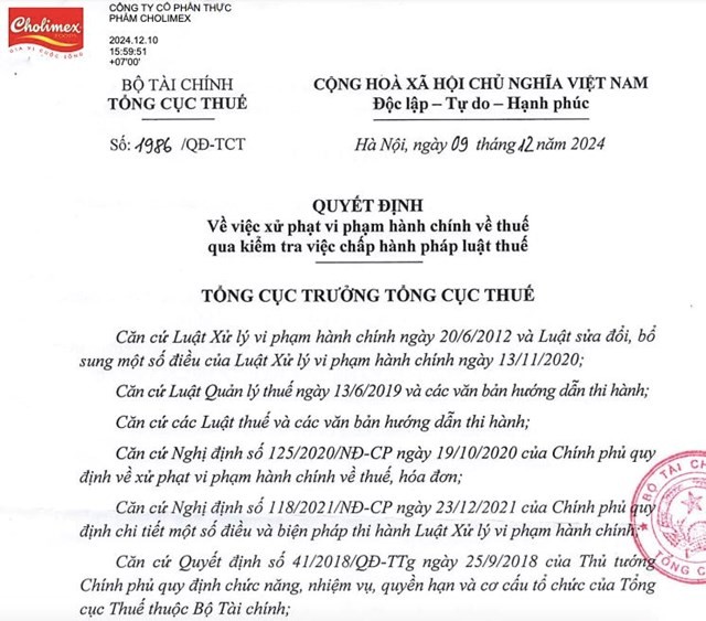 Công ty Thực phẩm Cholimex (CMF) bị phạt và truy thu thuế hơn 7,4 tỷ đồng