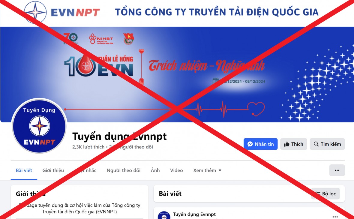 Fanpage giả mạo thương hiệu EVNNPT để đăng thông tin tuyển dụng. (Ảnh: www.npt.com.vn)