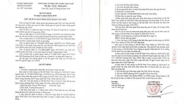 Quyết định số 221 về việc xử phạt vi phạm hành chính đối với BQT toà nhà N10 Hado Parkview vì lý do BQT thực hiện sai Quy chế hoạt động. Quyết định số 221 về việc xử phạt vi phạm hành chính đối với BQT toà nhà N10 Hado Parkview vì lý do BQT thực hiện sai Quy chế hoạt động.