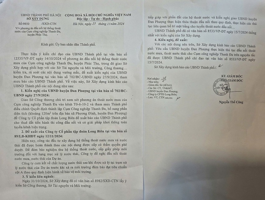 Báo cáo của Sở xây dựng có ý kiến của các sở như Sở Công thương, Sở Tài nguyên và môi trường gửi UBND TP Hà Nội với để xuất của Sở xây dựng là yêu cầu UBND huyện Đan Phượng thực hiện đấu nối hệ thống thoát nước mưa và nước thải theo văn bản chỉ đạo của UBND TP Hà Nội.
