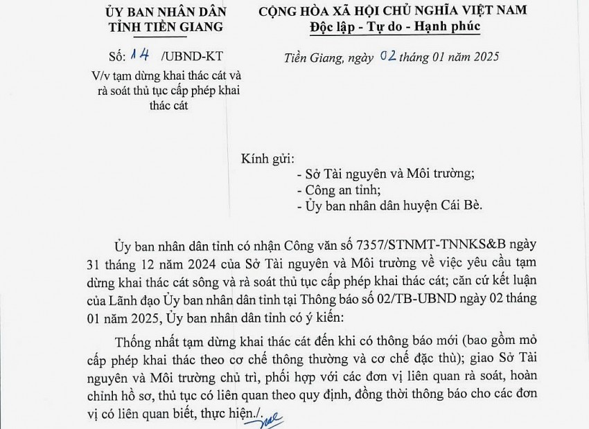 Tiền Giang: Tạm dừng khai thác cát trên sông Tiền