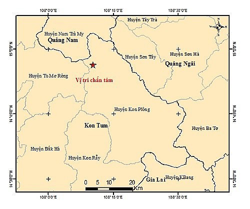 Vị trí xảy ra động đất liên tiếp ở Kon Tum