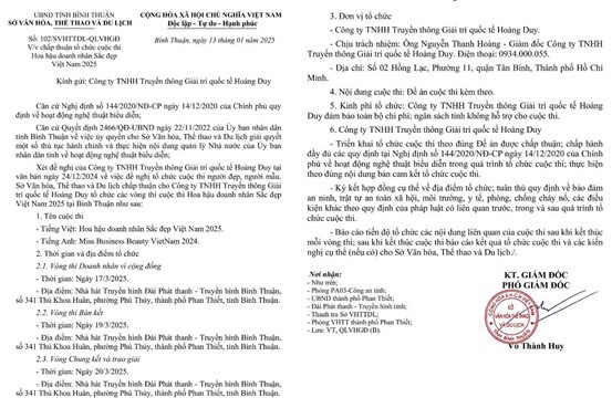 Theo giấy phép số 102/SVHTTDL-QLVHGĐ cuộc thi Hoa hậu Doanh nhân Sắc đẹp Việt Nam 2025 được cấp phép cho công ty TNHH Truyền Thông Giải trí Quốc tế Hoàng Duy tổ chức tại tỉnh Bình Thuận