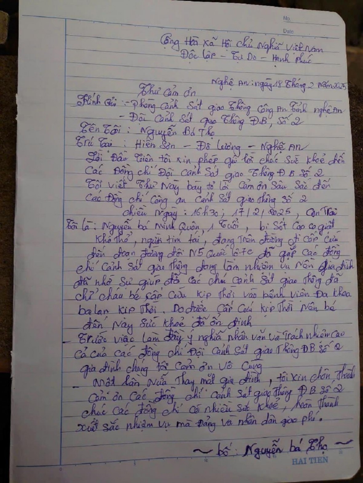 Gia đình cảm kích trước hành động của lực lượng CSGT Nghệ An.