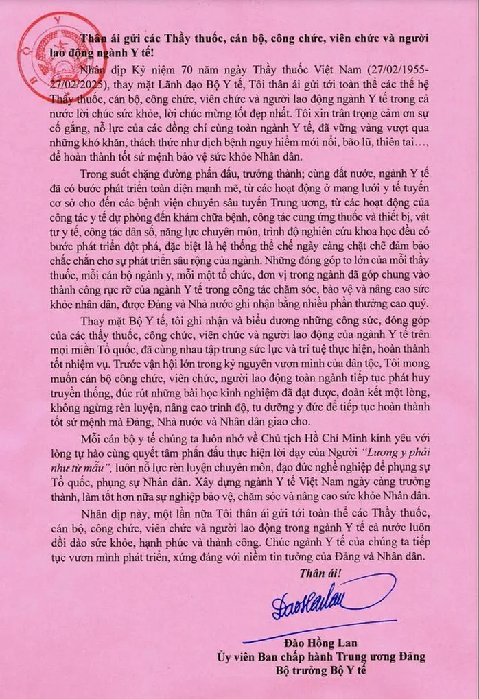Bộ trưởng Bộ Y tế gửi Thư chúc mừng ngày Thầy thuốc Việt Nam