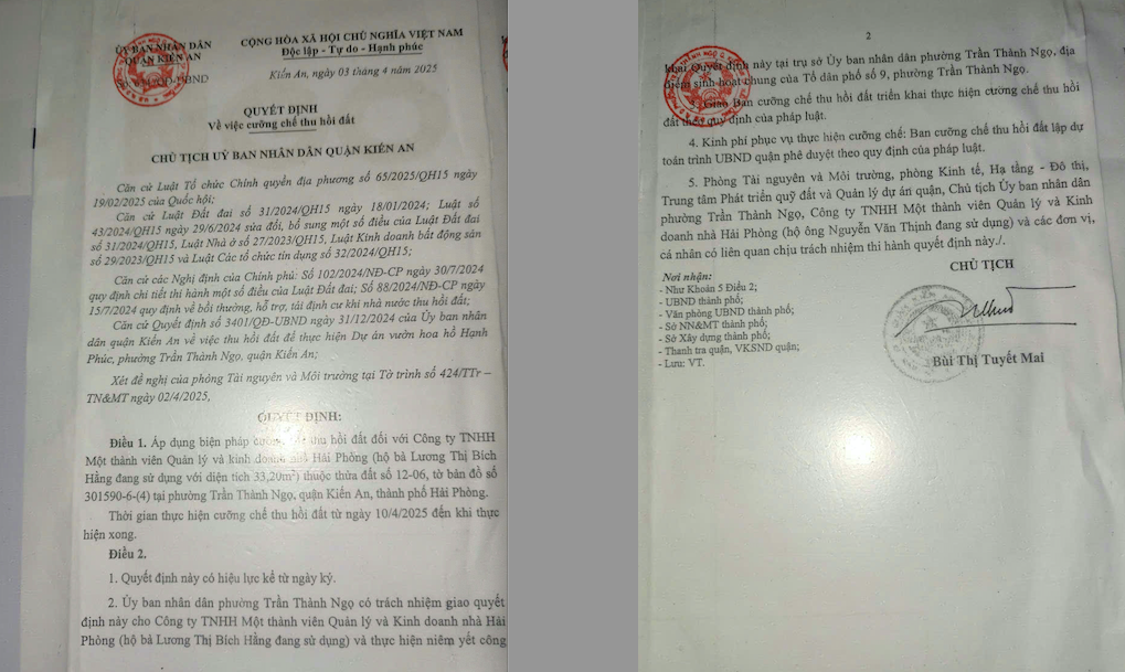 Mặc dù có hồ sơ chứng minh tài sản sở hữu riêng và đã nộp cho UBND quận Kiến An nhưng bản thân chị Hằng con gái bà Nhỉnh cũng như các hộ dân vẫn bị UBND quận Kiến An ra quyết định và ấn định thời gian cưỡng chế.