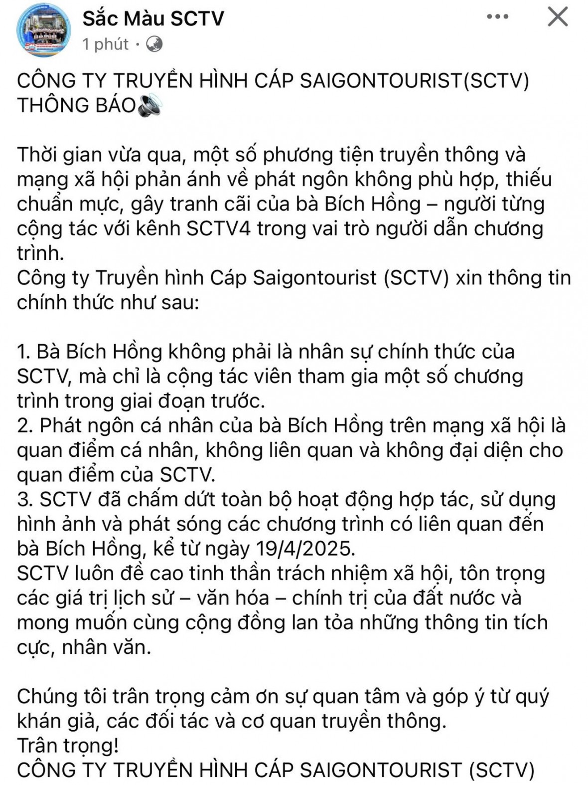 Thông tin chính thức từ SCTV về MC Bích Hồng