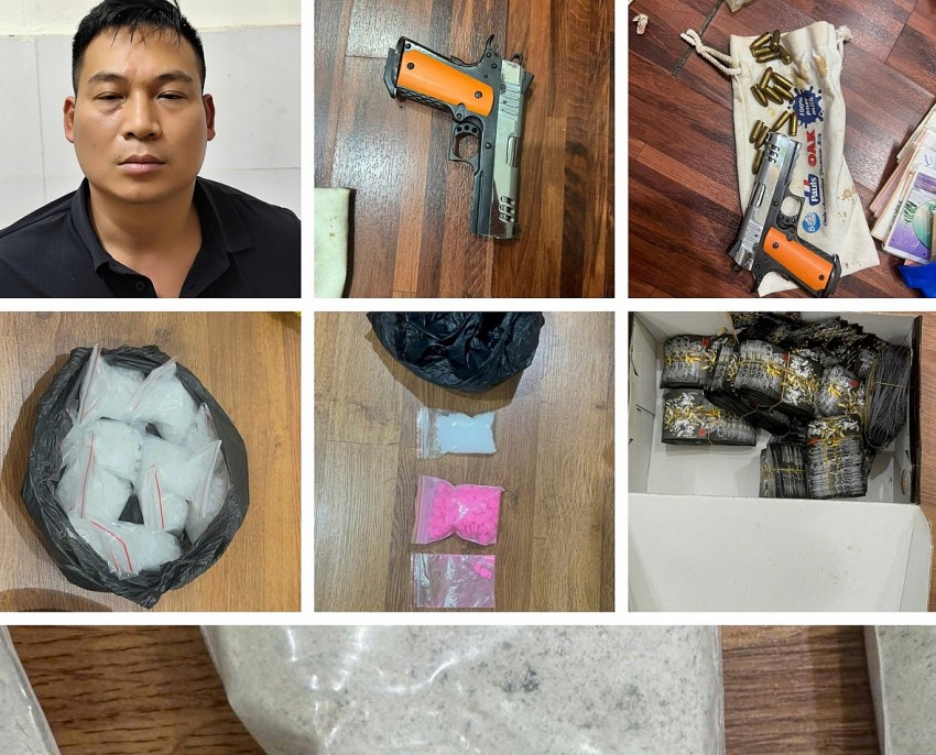 Đối tượng Phạm Hùng Dũng và tang vật vụ án.