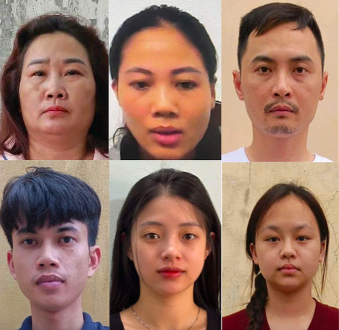 Từ trên xuống dưới, từ trái qua phải các bị can: Thơ, Hạnh, Hiến, Minh, Thương, Hiền (Ảnh: Công an cung cấp).