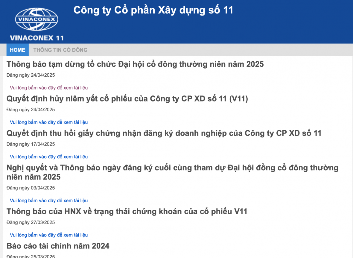 Công ty cổ phần xây dựng số 11 bị mất tư cách pháp nhân, cổ phiếu bị hủy giao dịch