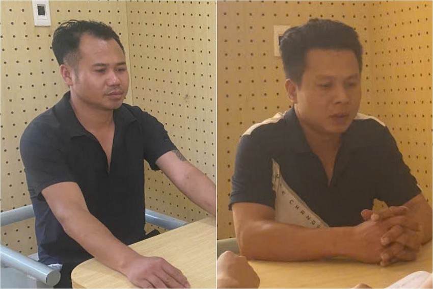 Nguyễn Văn Hưởng và La Văn Tuấn tại cơ quan công an. Ảnh: Công an Vĩnh Phúc