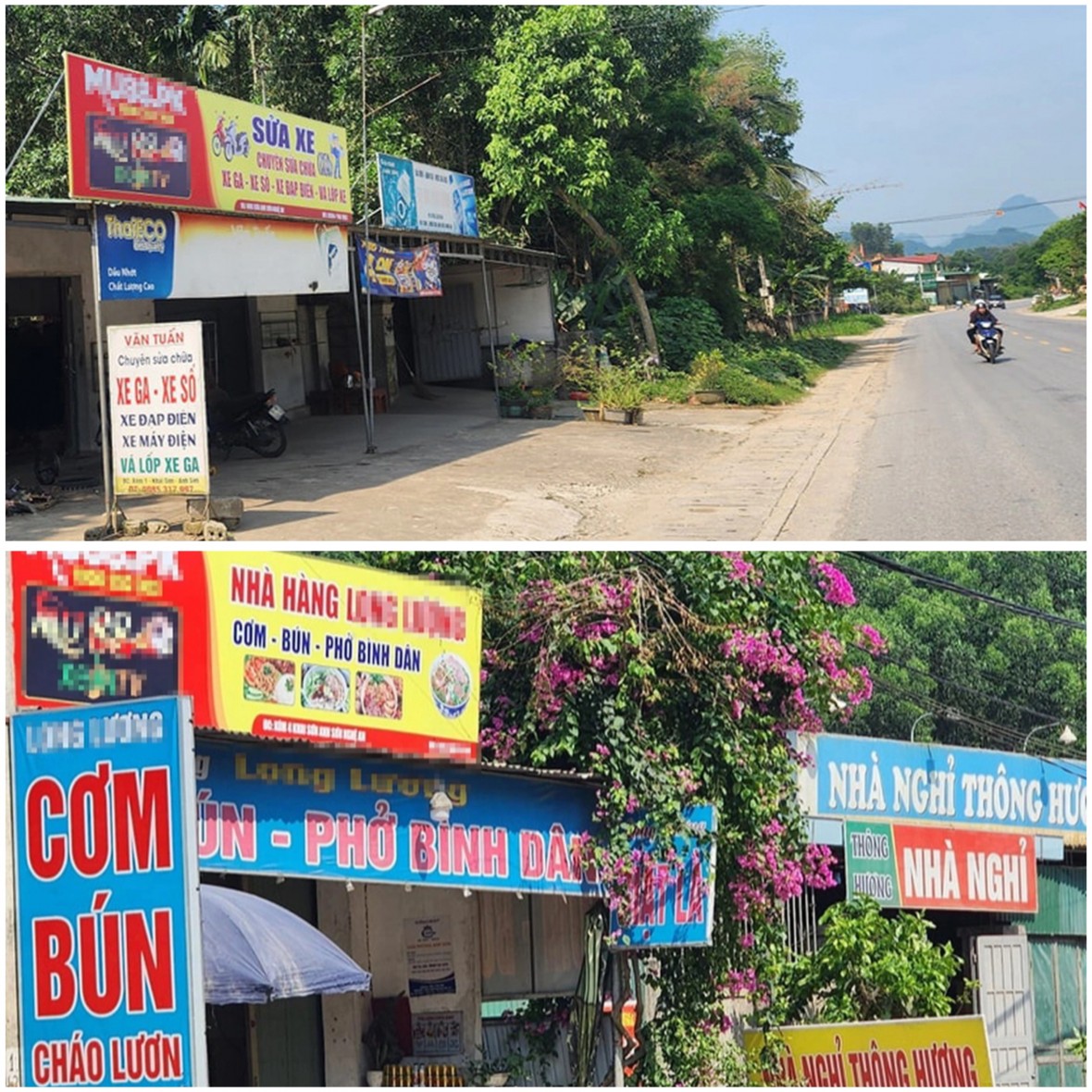 Biển quảng cáo của một nhà hàng bên quốc lộ 7 có logo trang cá cược, đánh bạc qua mạng