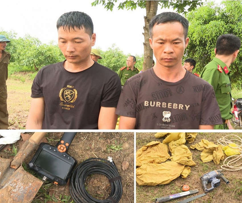 Hai nghi phạm trong vụ đào trộm mộ SHEN JIANGYANG, DENG ZHIJI và các dụng cụ dùng để đào bới. Hai nghi phạm trong vụ đào trộm mộ SHEN JIANGYANG, DENG ZHIJI và các dụng cụ dùng để đào bới.