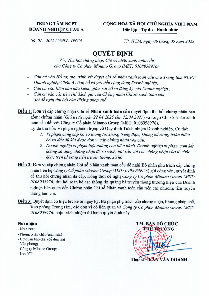 Quyết định thu hồi Chứng nhận Chỉ số Nhãn xanh toàn cầu đối với Công ty Cổ phần Minano Group Quyết định thu hồi Chứng nhận Chỉ số Nhãn xanh toàn cầu đối với Công ty Cổ phần Minano Group