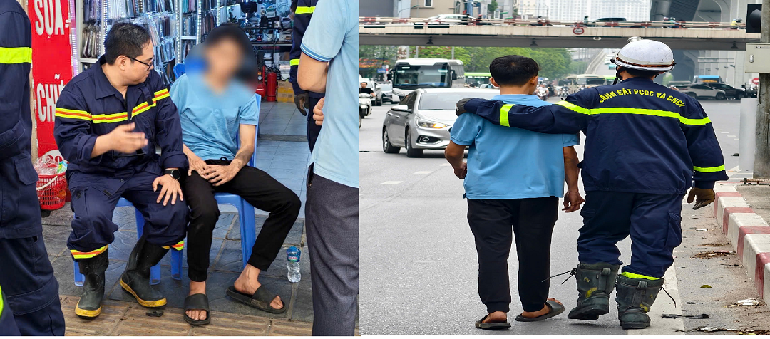 Cán bộ Tổ địa bàn PCCC&CNCH Hai Bà Trưng khéo léo trấn an tinh thần nam thanh niên.