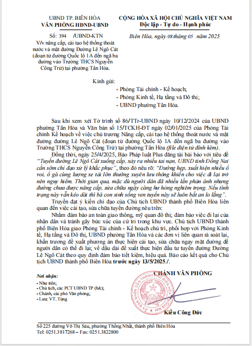Chủ tịch TP Biên Hoà chỉ đạo “nóng” việc nâng cấp, sửa chữa tuyến đường Lê Ngô Cát Chủ tịch TP Biên Hoà chỉ đạo “nóng” việc nâng cấp, sửa chữa tuyến đường Lê Ngô Cát