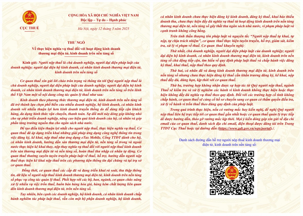 “Thư ngỏ” về thực hiện nghĩa vụ thuế đối với hoạt động kinh doanh thương mại điện tử, kinh doanh trên nền tảng số “Thư ngỏ” về thực hiện nghĩa vụ thuế đối với hoạt động kinh doanh thương mại điện tử, kinh doanh trên nền tảng số