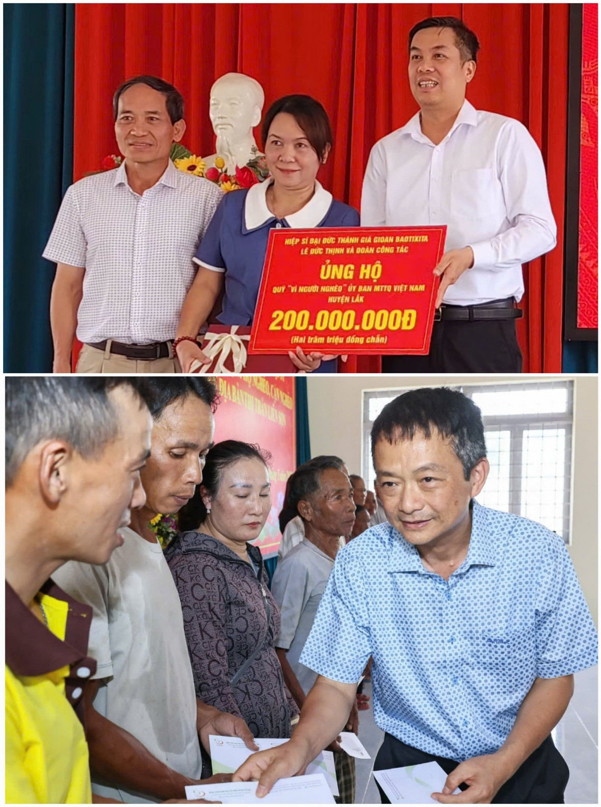 ông Nguyễn Văn Cường đại diện đoàn công tác ủng hộ quỹ Vì người nghèo 200 triệu đồng; ông Đặng Văn Thanh trao quà tặng người nghèo tại thị trấn Liên Sơn. Ảnh: An Luých 