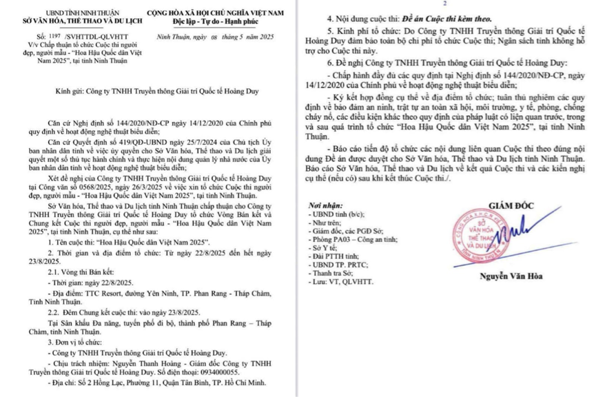 Văn bản chấp thuận tổ chức cuộc thi Hoa hậu Quốc dân Việt Nam 2025.