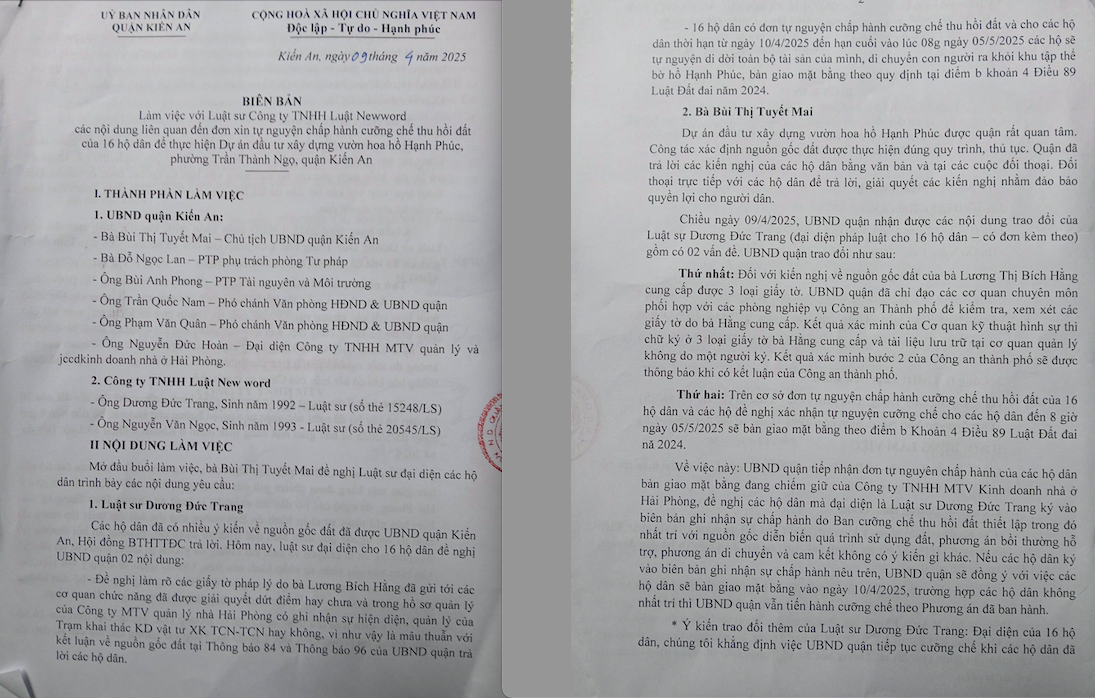 Biên bản làm việc giữa luật sư Dương Đức Trang người đại diện cho 16 hộ dân và bà Bùi Thị Tuyết Mai, Chủ tịch UBND quận Kiến An.