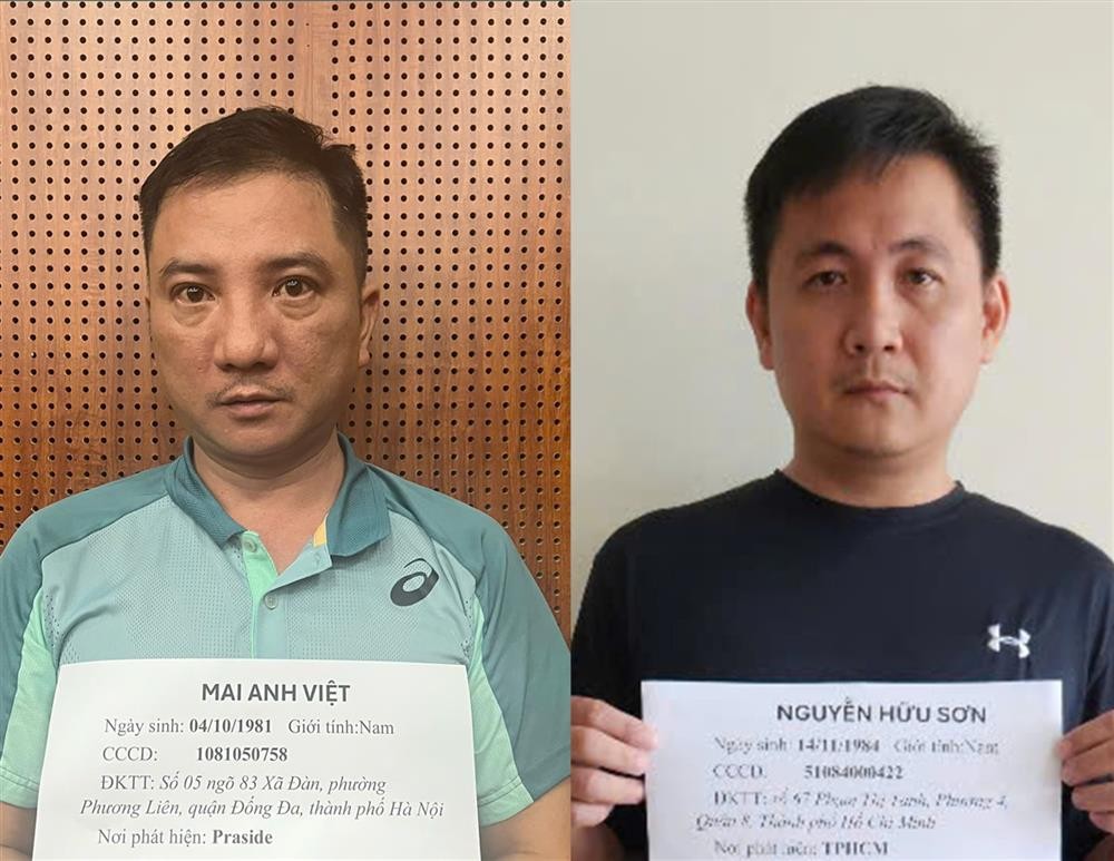 Các đối tượng chủ mưu, cầm đầu Mai Anh Việt (sinh năm 1981, trú tại phường Phương Liên, quận Đống Đa, thành phố Hà Nội) và Nguyễn Hữu Sơn (sinh năm 1984, trú tại quận 8, TP. Hồ Chí Minh). Ảnh: Bộ Công an