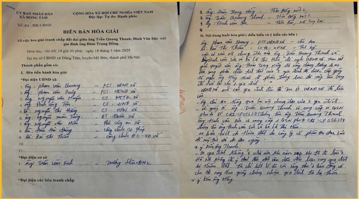 1 ảnh là Biên bản hoà giải của UBND xã Đồng Tâm với các bên có tranh chấp 1 ảnh là Biên bản hoà giải của UBND xã Đồng Tâm với các bên có tranh chấp