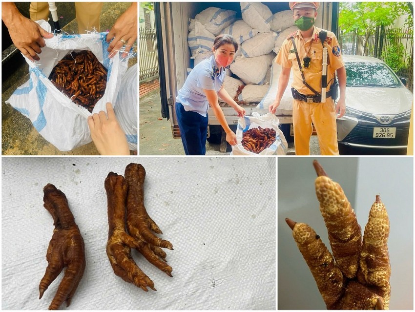 Toàn bộ lô hàng là chân gà đã sơ chế, đóng gói sơ sài, nhiều sản phẩm đã lên nấm mốc.