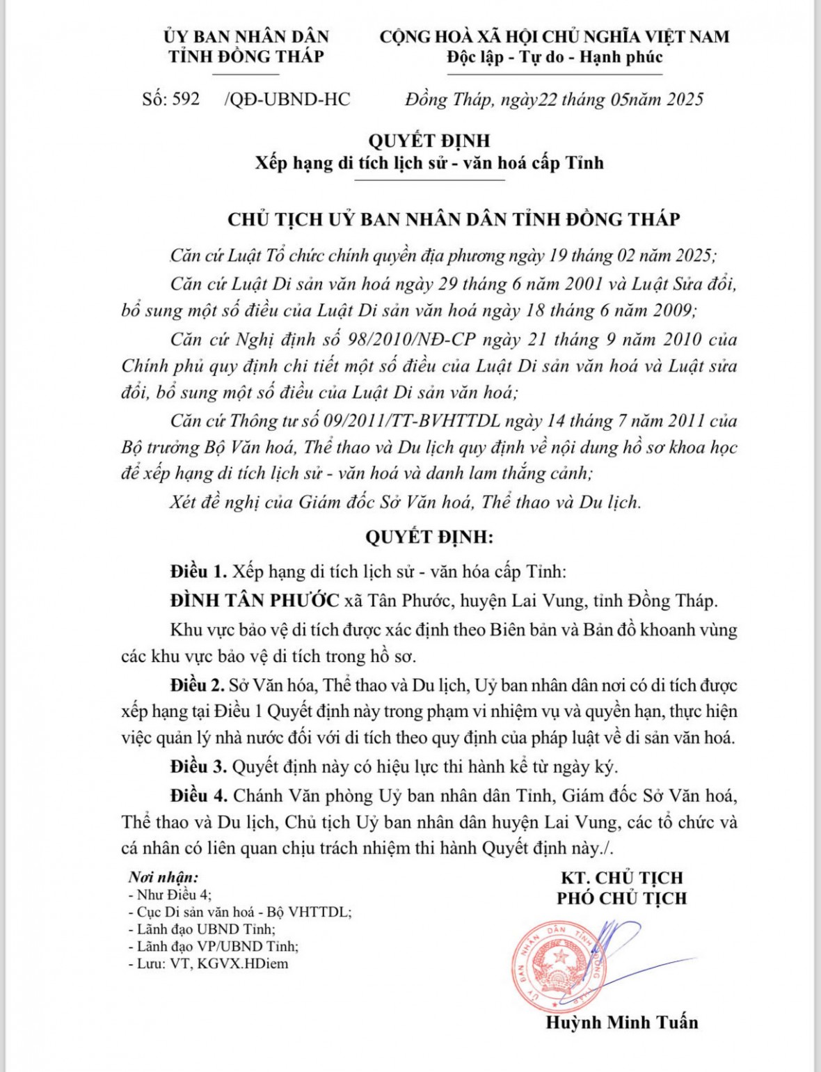 Sau phản ánh của PLVN, Đình Tân Phước (Đồng Tháp) được công nhận Di tích lịch sử - văn hoá cấp tỉnh